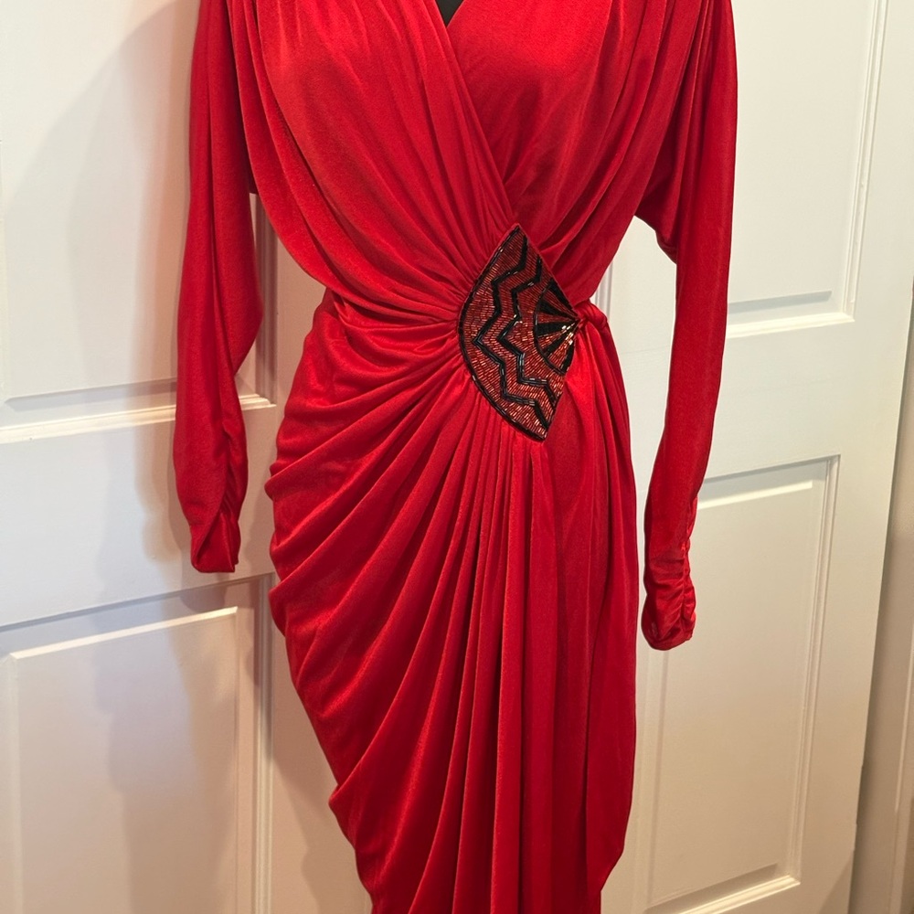 Elegant Vintage Designer Red Draped Dress
